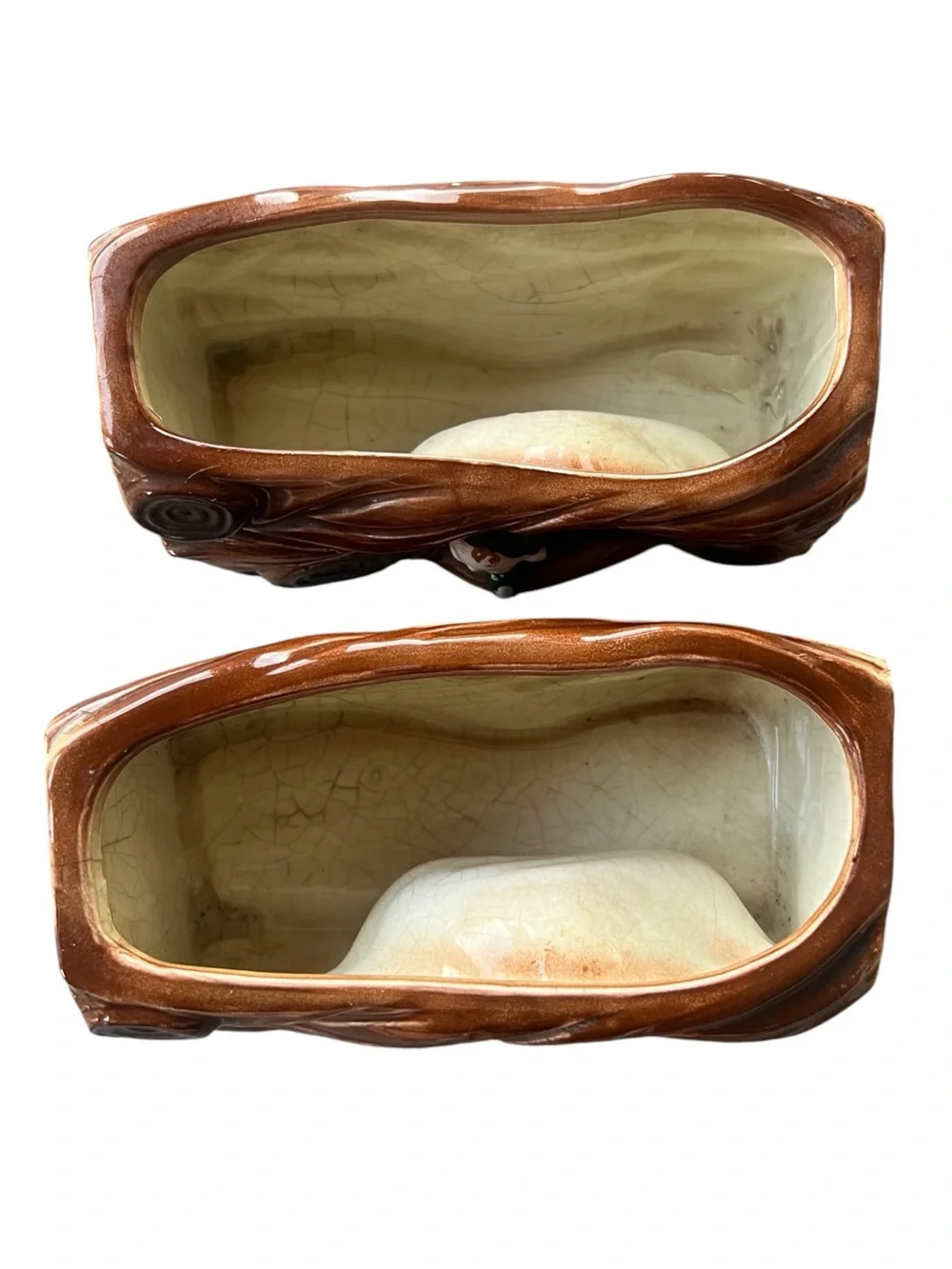 Vintage MCM Ceramic Elf Pixie Log Planters Pair Faux Bois Woodland Kitsch